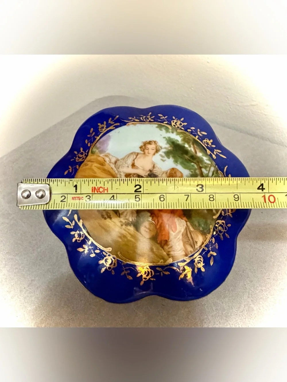 RS Prussia Reproduction Trinket Box Victorian Lovers Blue Gold Porcelain